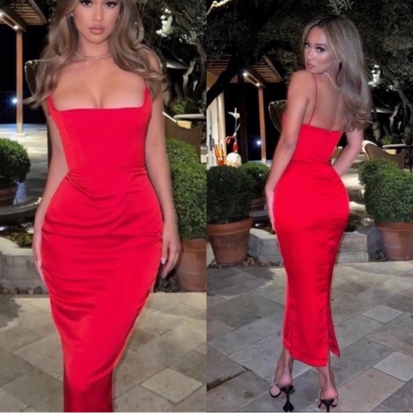 House of CB Anais Satin Corset Dress Red scarlet Size S midi NWOT - Picture 4 of 13